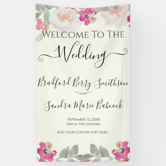 Bloemen bruiloft roze Bloemen bruiloft welkom Spandoek (Verticaal)