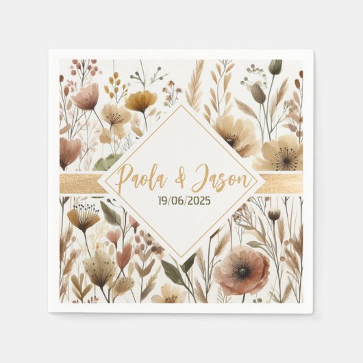 Bloemen bruiloft servet met gouden lint (Voorkant)