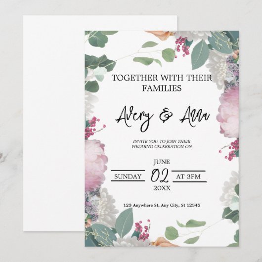 Bloemen bruiloft thema kaart (Voorkant / Achterkant)