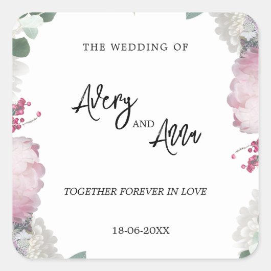 Bloemen bruiloft thema vierkante sticker (Voorkant)