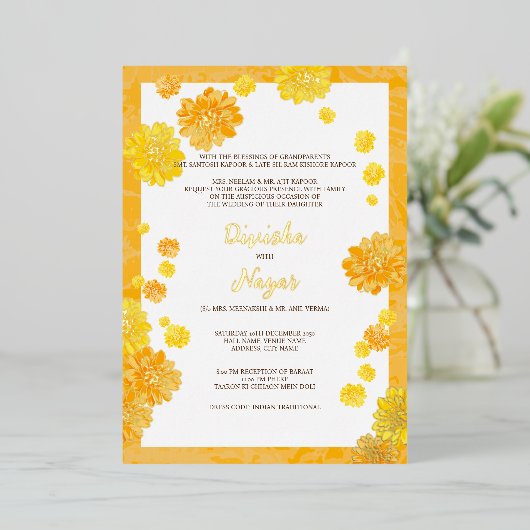 Bloemen bruiloft uitnodigen Kaart - goudsbloem ont (Staand Voorkant)