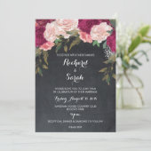 Bloemen bruiloft uitnodiging bordeaux krijtbord (Staand voorkant)