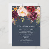 Bloemen bruiloft uitnodiging Bourgondische marine (Voorkant)