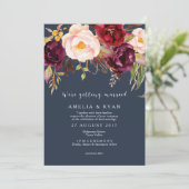 Bloemen bruiloft uitnodiging Bourgondische marine (Staand voorkant)