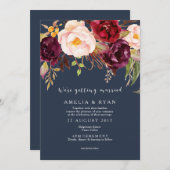 Bloemen bruiloft uitnodiging Bourgondische marine (Voorkant / Achterkant)