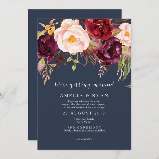 Bloemen bruiloft uitnodiging Bourgondische marine (Voorkant / Achterkant)