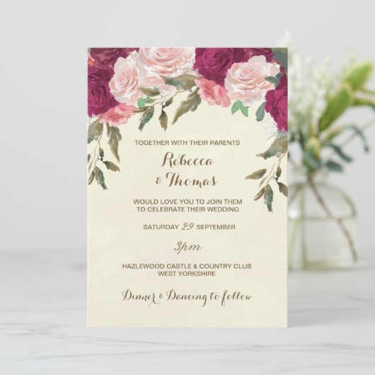 Bloemen bruiloft uitnodiging ivoor roze bordeaux (Staand voorkant)