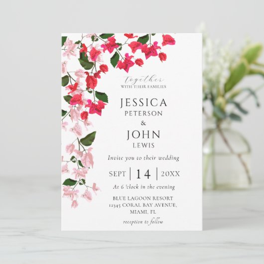Bloemen bruiloft uitnodiging met Bougainvillea (Staand voorkant)