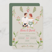 Bloemen bruiloft uitnodiging met bruid en bruidego (Voorkant / Achterkant)