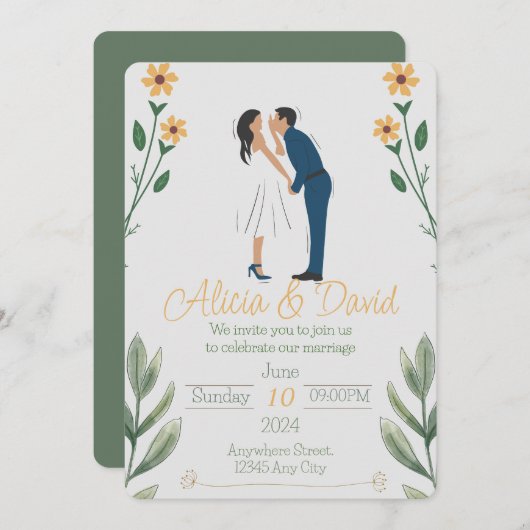 Bloemen bruiloft uitnodiging met bruid en bruidego (Voorkant / Achterkant)