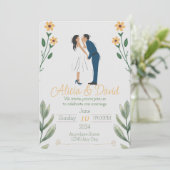 Bloemen bruiloft uitnodiging met bruid en bruidego (Staand voorkant)