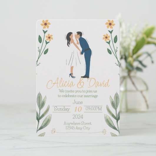 Bloemen bruiloft uitnodiging met bruid en bruidego (Staand voorkant)