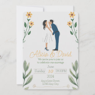 Bloemen bruiloft uitnodiging met bruid en bruidego