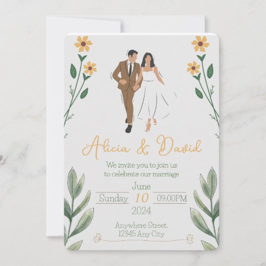 Bloemen bruiloft uitnodiging met bruid en bruidego (Voorkant)