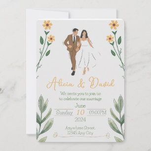 Bloemen bruiloft uitnodiging met bruid en bruidego