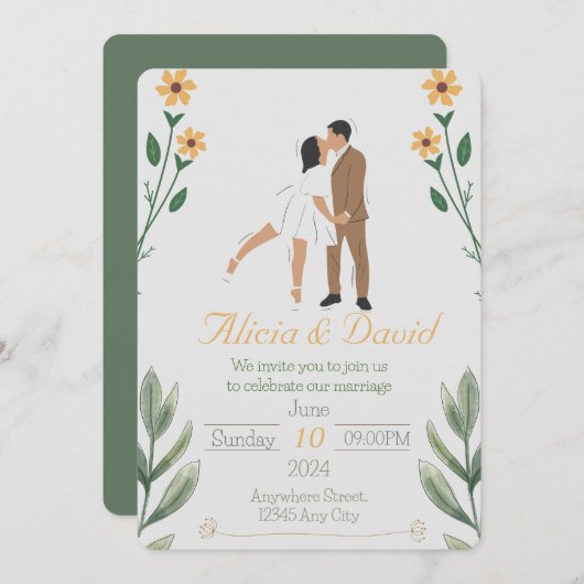 Bloemen bruiloft uitnodiging met bruid en bruidego (Voorkant / Achterkant)