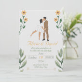 Bloemen bruiloft uitnodiging met bruid en bruidego (Staand voorkant)