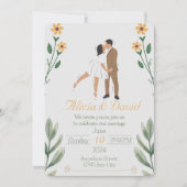 Bloemen bruiloft uitnodiging met bruid en bruidego (Voorkant)