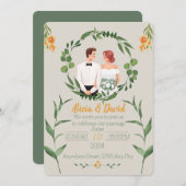 Bloemen bruiloft uitnodiging met bruid en bruidego (Voorkant / Achterkant)