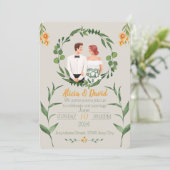 Bloemen bruiloft uitnodiging met bruid en bruidego (Staand voorkant)