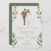 Bloemen bruiloft uitnodiging met bruid en bruidego (Voorkant / Achterkant)