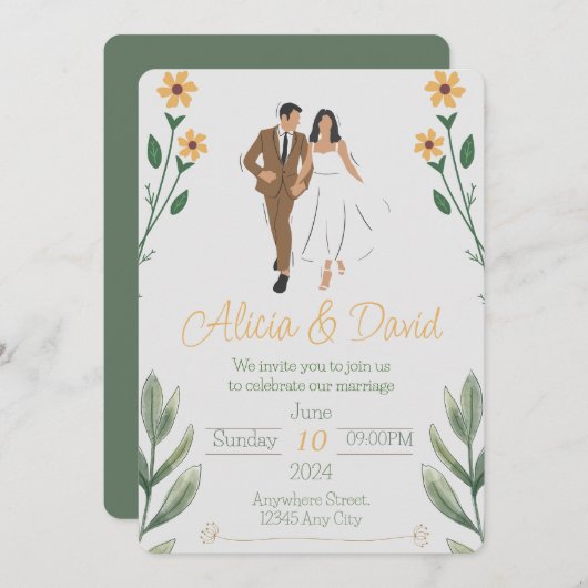 Bloemen bruiloft uitnodiging met bruid en bruidego (Voorkant / Achterkant)