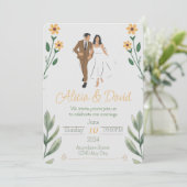 Bloemen bruiloft uitnodiging met bruid en bruidego (Staand voorkant)