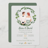 Bloemen bruiloft uitnodiging met bruid en bruidego (Voorkant / Achterkant)