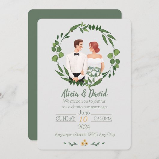 Bloemen bruiloft uitnodiging met bruid en bruidego (Voorkant / Achterkant)