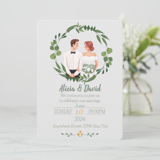 Bloemen bruiloft uitnodiging met bruid en bruidego (Staand voorkant)