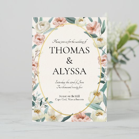 Bloemen bruiloft uitnodiging met folie detail (Staand Voorkant)