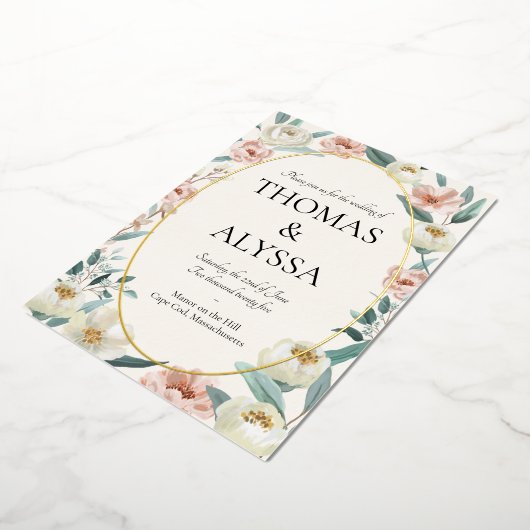 Bloemen bruiloft uitnodiging met folie detail (Gedraaid)