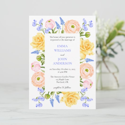 Bloemen bruiloft uitnodiging met pastel bloemen (Staand voorkant)