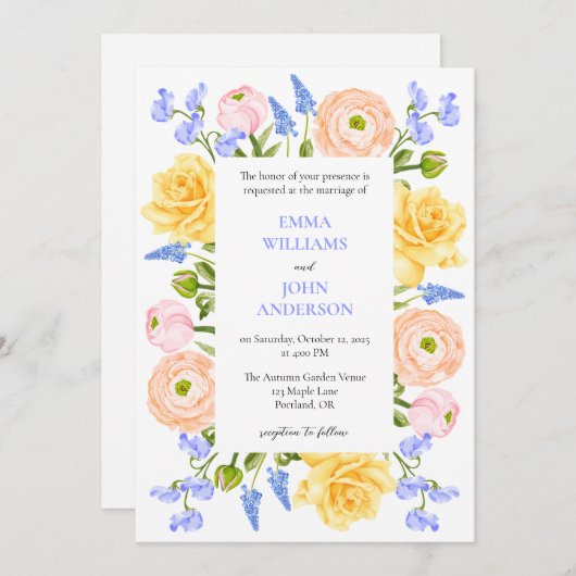 Bloemen bruiloft uitnodiging met pastel bloemen (Voorkant / Achterkant)