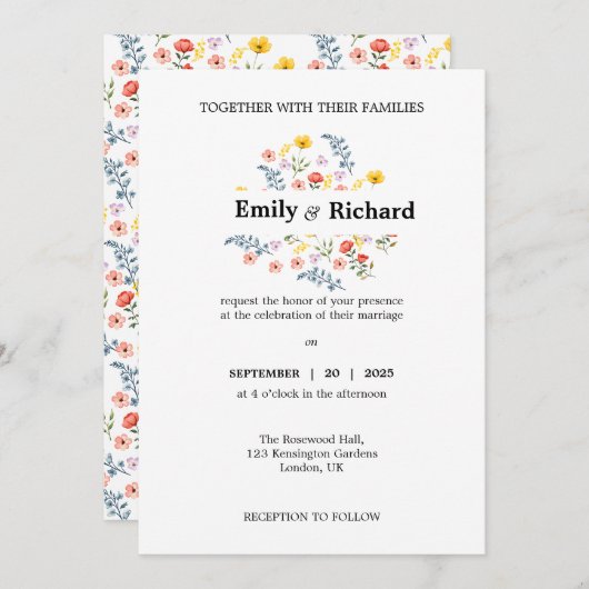 Bloemen bruiloft uitnodiging met Waterverf bloemen (Voorkant / Achterkant)