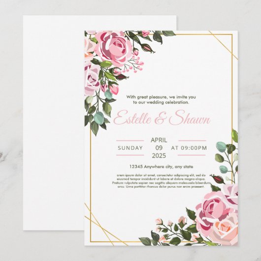 Bloemen bruiloft uitnodiging, romantische roze bru kaart (Voorkant / Achterkant)