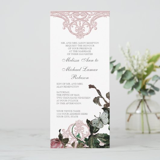 Bloemen bruiloft uitnodiging - Trellis Roos Vintag (Staand voorkant)