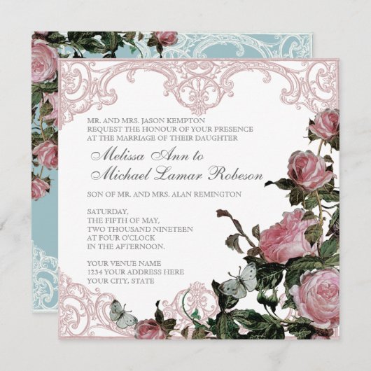 Bloemen bruiloft uitnodiging - Trellis Roos Vintag (Voorkant / Achterkant)