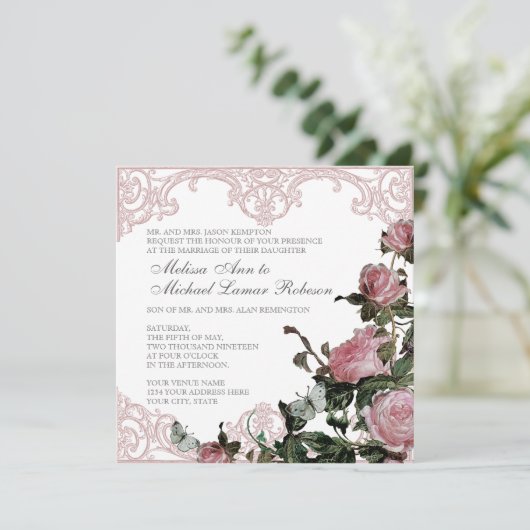 Bloemen bruiloft uitnodiging - Trellis Roos Vintag (Staand voorkant)