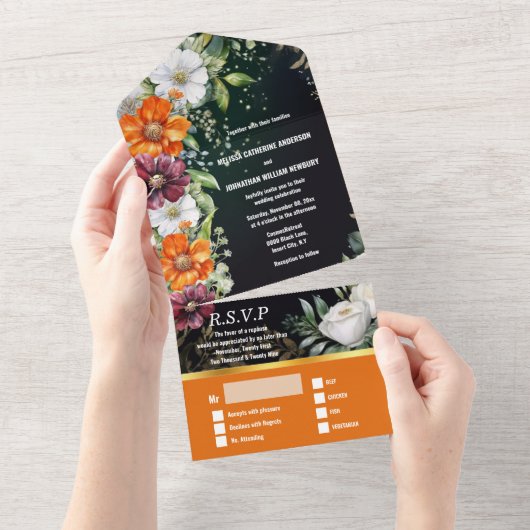 Bloemen bruiloft wilde bloemen kosmos daisy elegan all in one uitnodiging (Afscheurbaar)