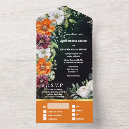 Bloemen bruiloft wilde bloemen kosmos daisy elegan all in one uitnodiging (Binnen)
