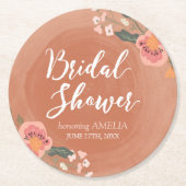 Bloemen Bruin Hout Rustiek Vrijgezellenfeest Rond Ronde Kartonnen Onderzetter (Voorkant)