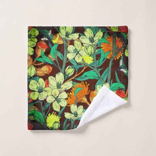 Bloemen bruin, roest, Blauwgroen Bad Handdoek (Wasdoekje)