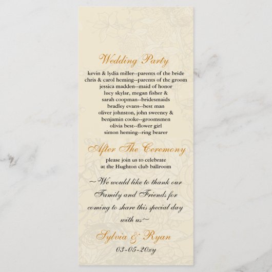 Bloemen bruine vogels kooi, vogels bruiloft progra programmakaart (Achterkant)