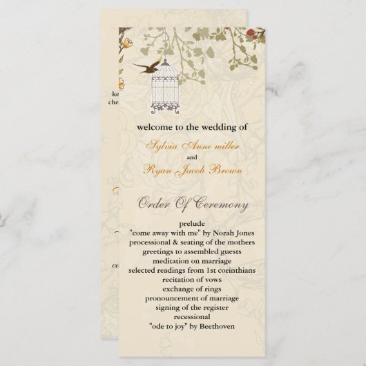 Bloemen bruine vogels kooi, vogels bruiloft progra programmakaart (Voorkant / Achterkant)