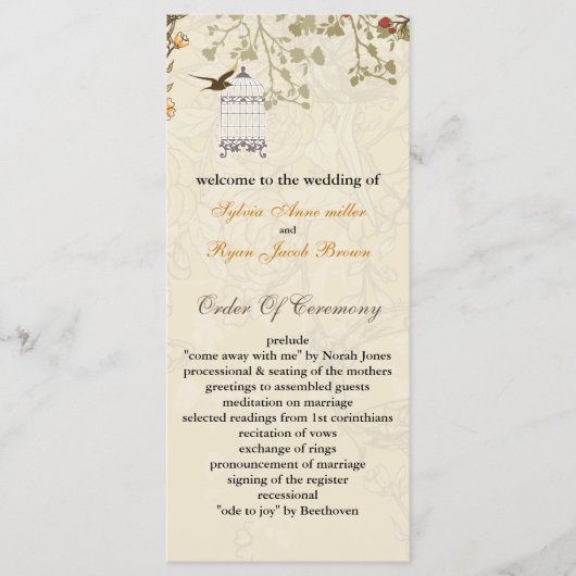 Bloemen bruine vogels kooi, vogels bruiloft progra programmakaart (Voorkant)