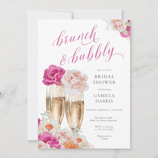 Bloemen brunch en bubble bruids douche uitnodiging (Voorkant)