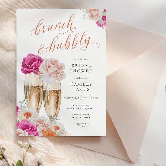 Bloemen brunch en bubble bruids douche uitnodiging