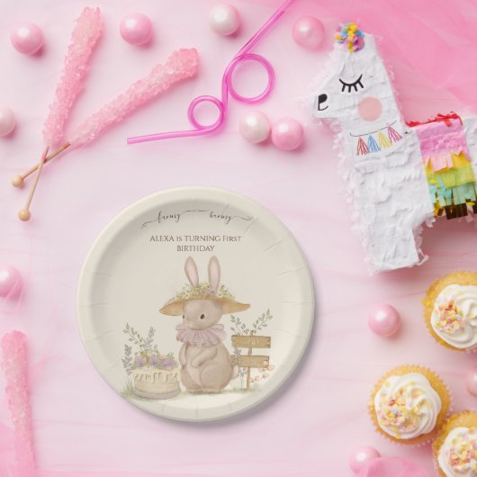 Bloemen Bunnies Eerste Verjaardag Papieren Bordje (Feest)