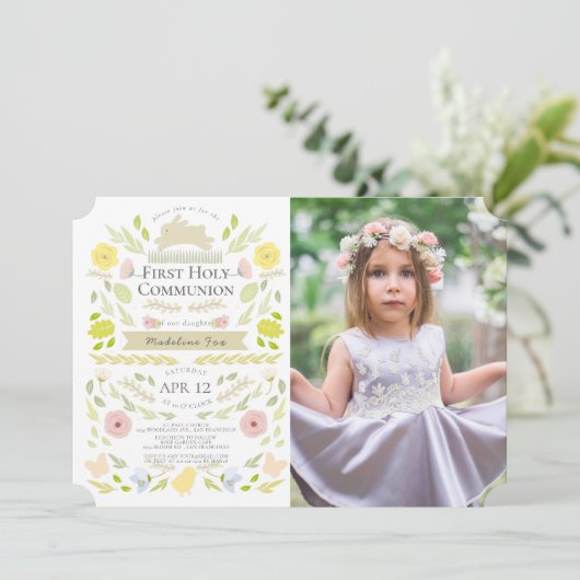 Bloemen Bunny Roze Meisje Foto Eerste Heilige Comm Kaart (Staand voorkant)